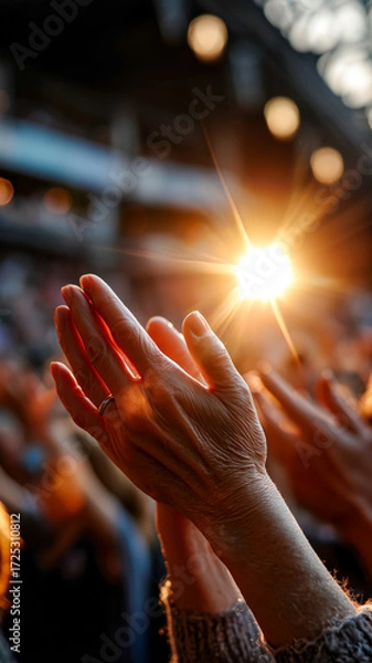 Fototapeta Audience members' hands clapping, sun shining, and lights flickering in the background as they show their support and appreciation.