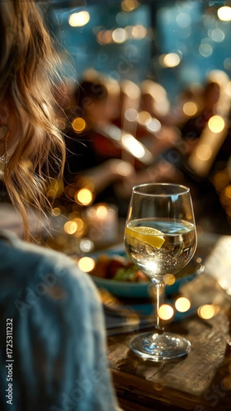 Fototapeta Celebratory dinner party with soft lighting and a sparkling drink. The atmosphere is warm and inviting. Focus on refreshment.