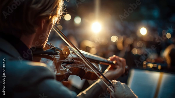 Fototapeta Violinist performing in concert, bathed in warm light, creating an evocative and immersive musical experience. 