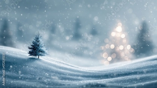 Fototapeta Minimalist Christmas snowy hill with soft bokeh stars, faint glowing tree in background, dreamy cinematic winter backdrop