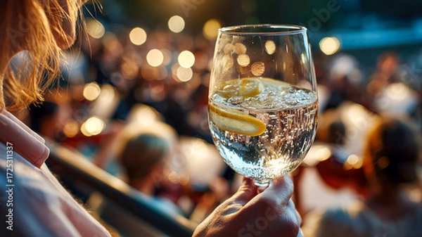 Fototapeta Refreshing drink with lemon slices held up at outdoor event with a blurred audience in background and beautiful bokeh effect