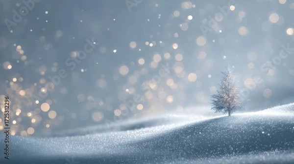 Fototapeta Minimalist Christmas snowy hill with soft bokeh stars, faint glowing tree in background, dreamy cinematic winter backdrop