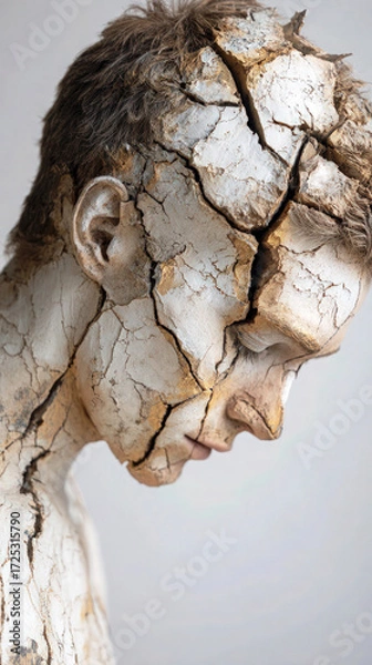 Fototapeta Cracked clay portrait of a young man in side profile with bowed head in the foreground, stray hair and fissures detailed against a pale studio background, concept of human fragility and resilience