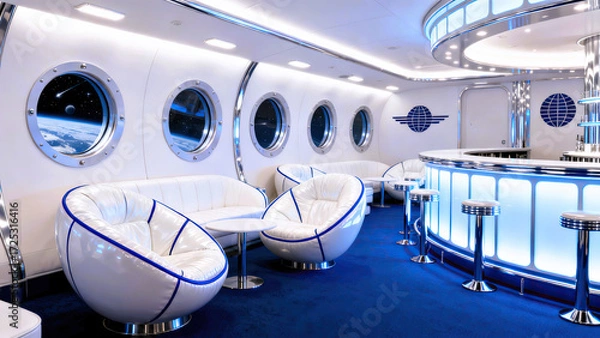 Obraz - Space lounge interior futuristic white and blue sci-fi bar