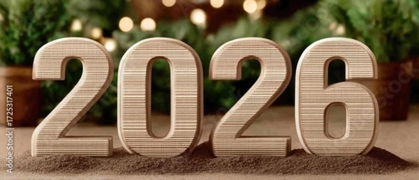 Fototapeta Wooden numbers 2026 displayed in a festive setting with greenery in the background, symbolizing hope and celebration for the new year