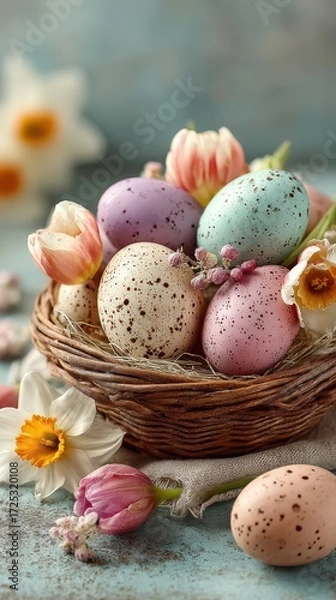 Fototapeta pastel-painted Easter eggs in a wicker basket, surrounded by blooming tulips and daffodils, all made of chocolate, soft natural sunlight, shallow depth of field