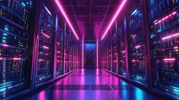 Fototapeta Neon Lights Illuminate Server Room: A Futuristic Data Center