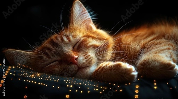 Fototapeta Peaceful Ginger Cat Napping on Glittering Fabric