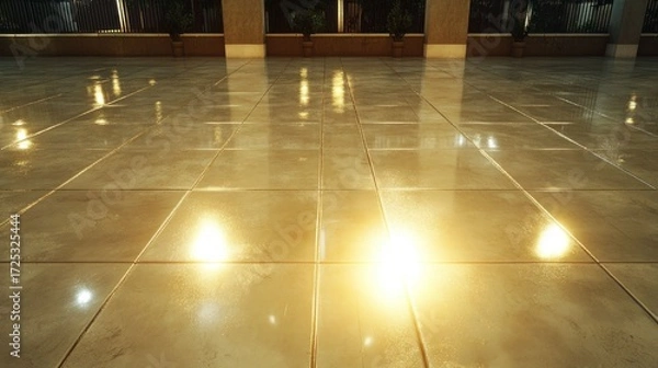 Fototapeta Golden Hour Reflections on a Polished Tile Floor