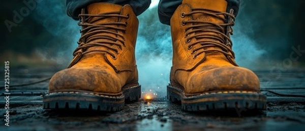 Fototapeta Resilience: A pair of worn leather boots stand defiant against a smoky, industrial backdrop, symbolizing strength and perseverance through challenges.