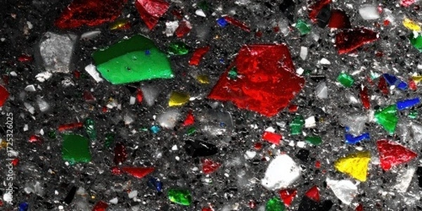 Fototapeta Abstract texture with vivid glass shards in black terrazzo-style surface