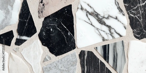Fototapeta Mixed black and white marble stone fragments set in polished concrete surface