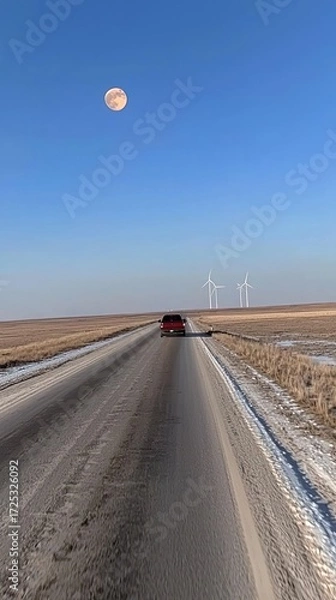 Fototapeta Vast Plains, Full Moon, and a Journey Ahead: A Winter Drive under the Moonlit Sky