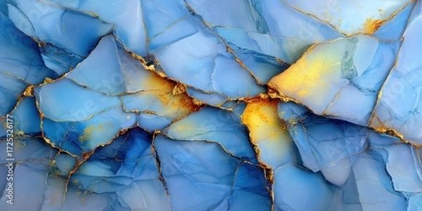 Fototapeta Abstract blue agate stone texture with golden mineral veins and cracks