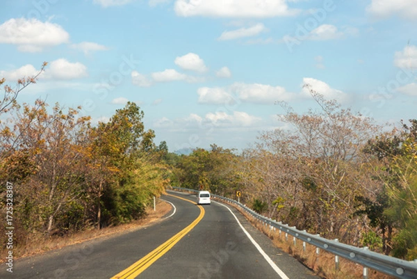 Fototapeta The empty asphalt road curves through the autumn forest landscape, a country way beckoning travel beneath the horizon sky