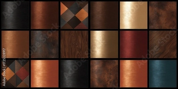 Fototapeta Grid of metallic and wood surface textures in copper and bronze tones