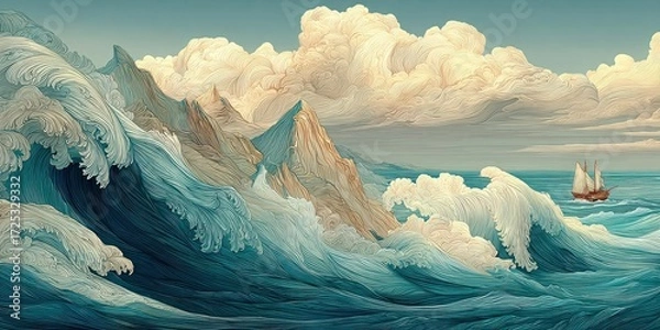 Fototapeta Stylized ocean waves and mountains with dramatic clouds and sailing ship