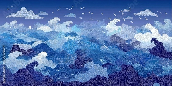 Fototapeta Decorative ocean waves and clouds in intricate blue line art