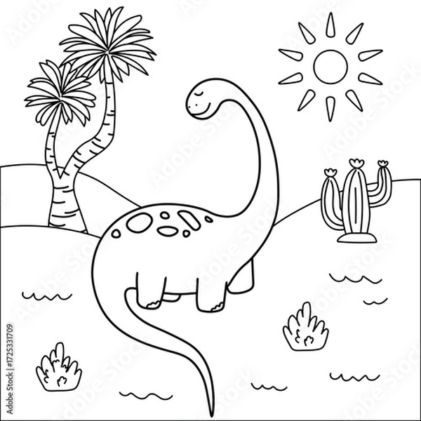 Fototapeta A cute, smiling sauropod  dinosaur standing in a prehistoric desert landscape with palm trees, cacti, sun, hills, and grass. Perfect for kids' coloring books