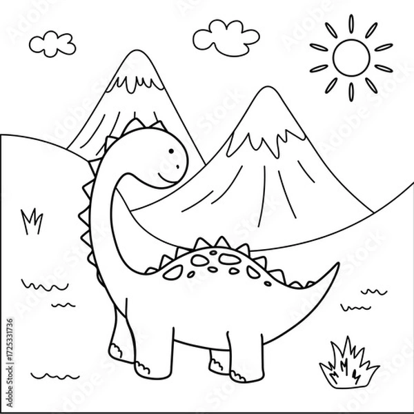 Fototapeta A cheerful dinosaur with plates on its back, standing in a scenic prehistoric landscape with mountains, sun, clouds, and grass.