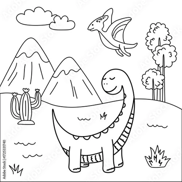 Fototapeta This fun and engaging coloring page features a smiling long-necked dinosaur in a prehistoric mountain landscape with a flying pterodactyl