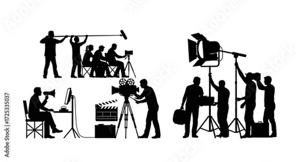 Obraz A comprehensive collection of silhouette illustrations depicting various roles and essential equipment involved in professional film and video production.