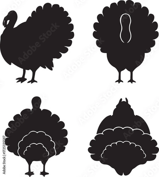 Fototapeta big wild turkey silhouette icons set side, front, back, and top views vector art illustration