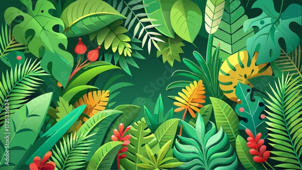Fototapeta 3D tropical leaf border in paper cut style, lush greenery design, exotic plants background, botanical summer vibes, floral jungle pattern, poster vector illustration, rainforest paradise theme, 