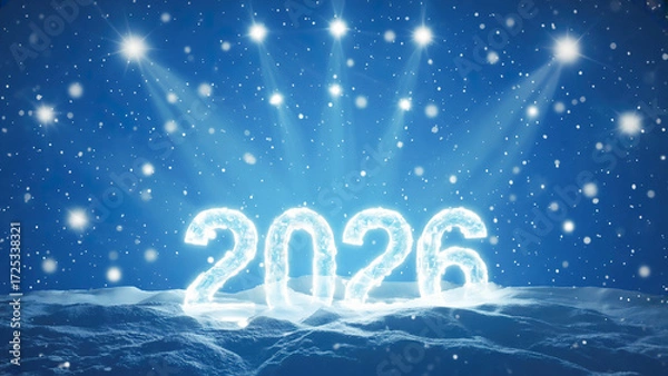 Fototapeta  Neon light composition with glowing “2026” text on a blue sparkling background with falling snow, symbolizing New Year celebration and winter holidays.