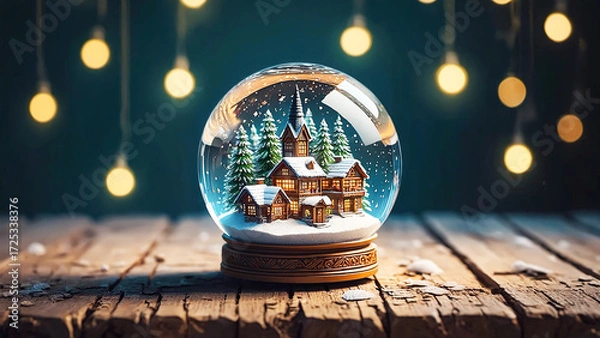 Fototapeta Decorative glass Christmas snow globe with small house and pine trees inside, placed on wooden surface, symbolizing winter holiday magic and decoration.