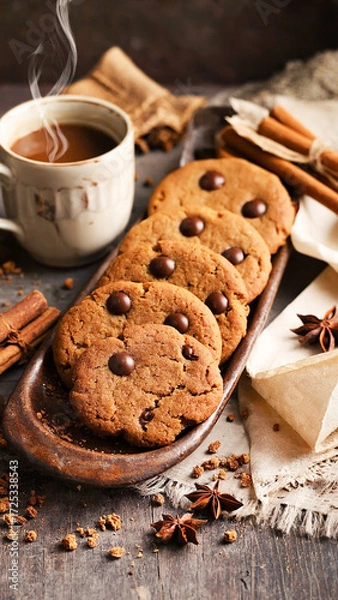 Fototapeta Freshly baked chocolate cookies with nuts on wooden plate, accompanied by cup of hot cocoa with steam, cinnamon sticks, and star anise in cozy hygge mood.