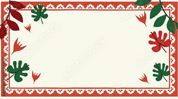 Fototapeta Decorative floral frame with red border, paper cut leaves and empty space in center, background for invitations, greeting cards, posters