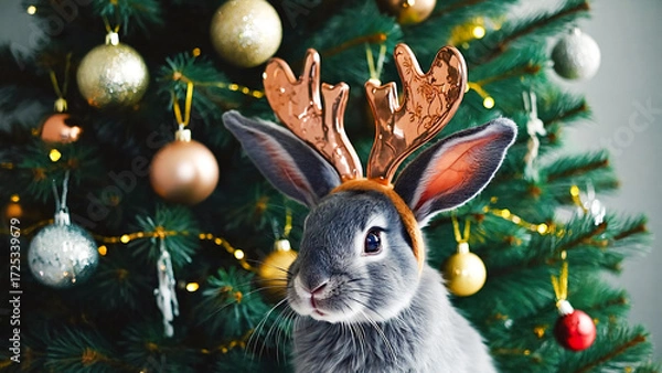 Fototapeta Gray fluffy rabbit wearing decorative reindeer antlers in front of Christmas tree, symbolizing New Year and holiday celebration with adorable seasonal pets.