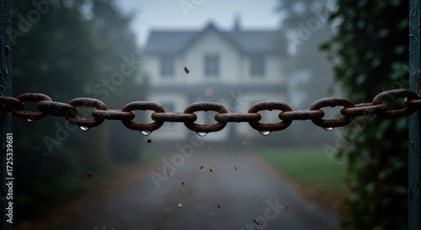 Fototapeta A foggy morning scene featuring a rusted chain blocking a gravel driveway leading to a secluded, old house, with droplets of water glistening on the chain and autumn leaves scattered around