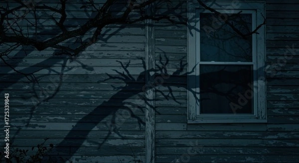 Fototapeta A hauntingly beautiful shadow of a tree branch stretches across the weathered wall of an old house, creating an eerie atmosphere under the moonlight