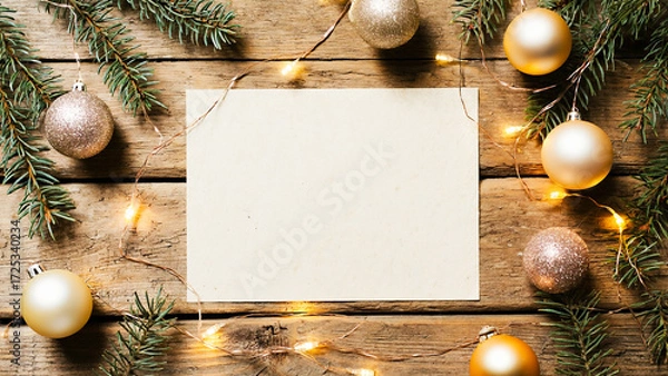 Fototapeta  Christmas mockup with blank white paper on wooden background surrounded by golden ornaments and pine branches, perfect for holiday design or greeting.