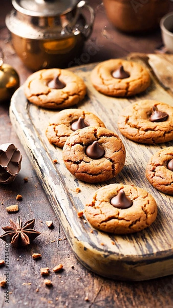 Fototapeta Christmas gingerbread cookies with chocolate filling and spices on wooden background,  concept for winter holidays, cozy atmosphere, and food blogging themes.