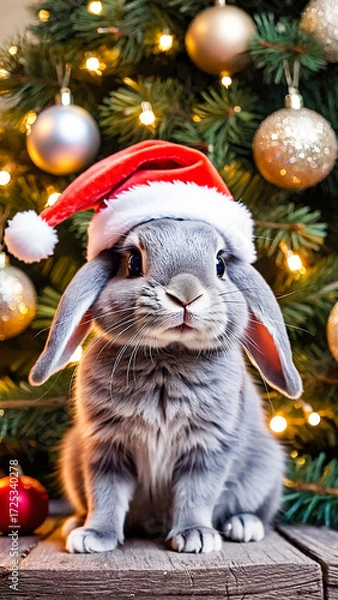 Fototapeta Gray rabbit in a red Santa hat sitting on a wooden board in front of a tree decorated with gold and silver baubles and string lights. charming holiday character scene for seasonal use.