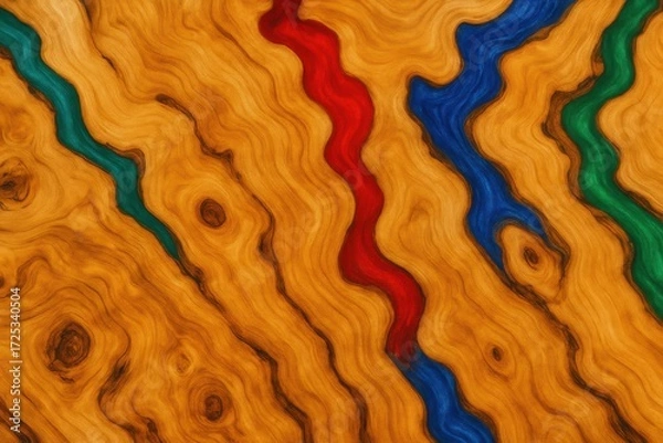 Fototapeta Colorful Epoxy River Wood Background. A dynamic background showcasing natural wood grain intersected by wavy rivers of vibrant red, blue, and green epoxy resin. 