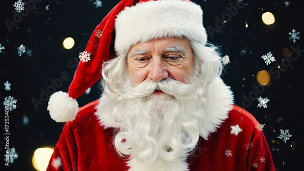 Fototapeta Traditional Santa Claus with white beard in red costume on glowing bokeh light background, symbolizing New Year, Christmas magic, and festive holiday character.