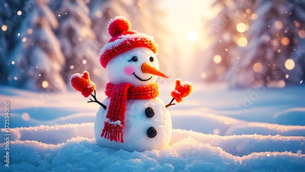 Fototapeta Snowman character in hat and mittens standing in snowy forest landscape with lights and bokeh, magical Christmas and New Year illustration.