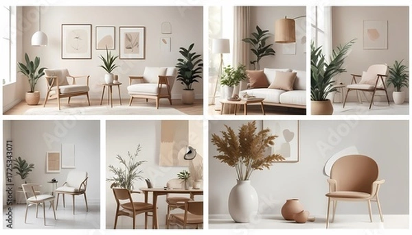 Fototapeta Collage of interior design ideas showcasing mid-century modern chairs with walnut frames, a round marble side table, textured stoneware vases, a brass table lamp with a linen shade, and a fiddle-leaf 