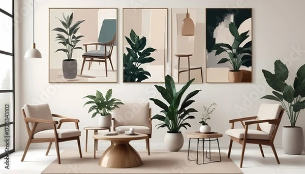 Fototapeta Collage of interior design ideas showcasing mid-century modern chairs with walnut frames, a round marble side table, textured stoneware vases, a brass table lamp with a linen shade, and a fiddle-leaf 