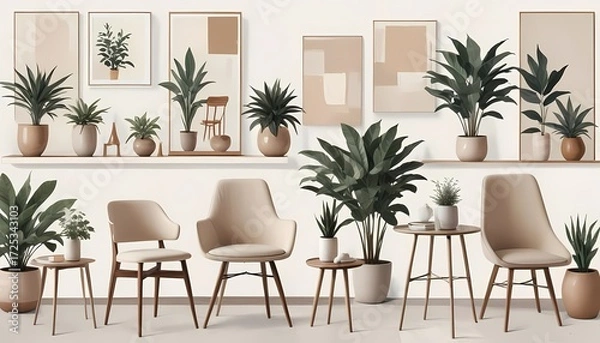 Fototapeta Collage of interior design ideas showcasing mid-century modern chairs with walnut frames, a round marble side table, textured stoneware vases, a brass table lamp with a linen shade, and a fiddle-leaf 