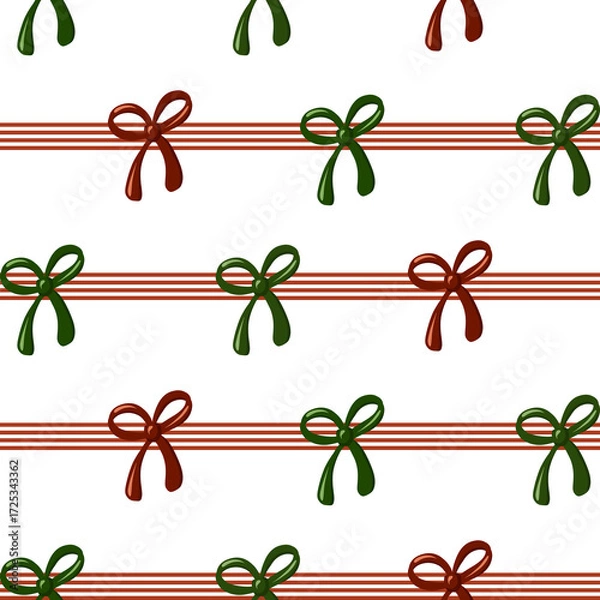 Fototapeta Seamless Christmas Bow Pattern with Red and Green Ribbons. Perfect for holiday wrapping paper, textile print, gift design, and Christmas decorations.