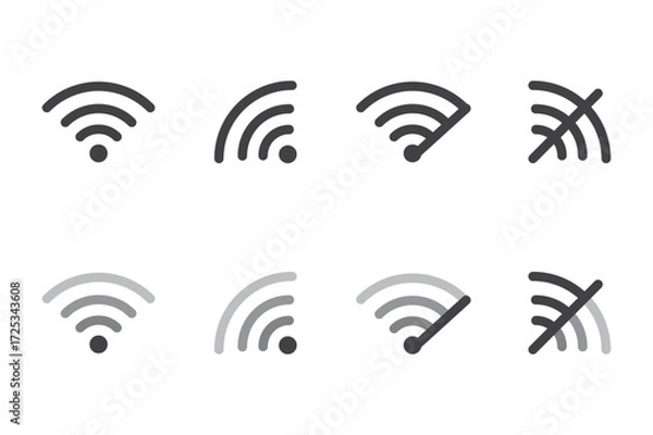Obraz Signal icon set, Wireless signal Connectivity Icons Signal Strength Indicators web icon set wi fi blocked, data transmission, network error,secured,anthena password.Wireless internet connection signal