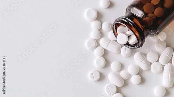 Obraz Top View of Spilled White Pills: A High-Angle Macro Shot with Ample Copy Space