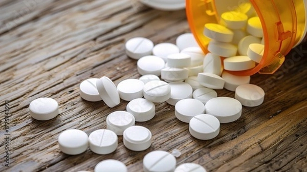 Obraz Top View of Spilled White Pills: A High-Angle Macro Shot with Ample Copy Space