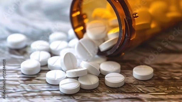 Obraz Top View of Spilled White Pills: A High-Angle Macro Shot with Ample Copy Space