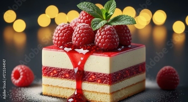 Obraz Decadent Raspberry Layer Cake With Fresh Mint Garnish